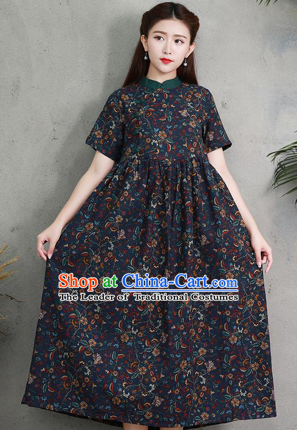 Traditional Ancient Chinese National Costume, Elegant Hanfu Printing Navy Big Swing Dress, China Tang Suit Chirpaur Cheongsam Elegant Dress Clothing for Women