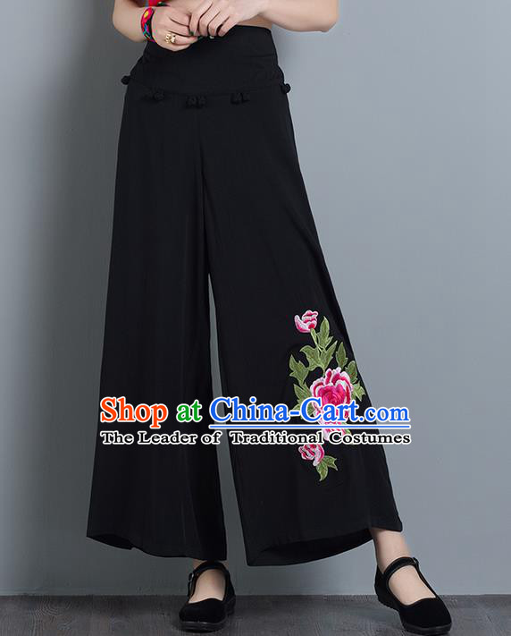 Traditional Chinese National Costume Loose Pants, Elegant Hanfu Embroidered Black Wide leg Pants, China Ethnic Minorities Tang Suit Ultra-wide-leg Trousers for Women