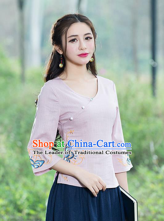 Traditional Chinese National Costume, Elegant Hanfu Embroidery Flowers Slant Opening Pink T-Shirt, China Tang Suit Republic of China Chirpaur Blouse Cheong-sam Upper Outer Garment Qipao Shirts Clothing for Women