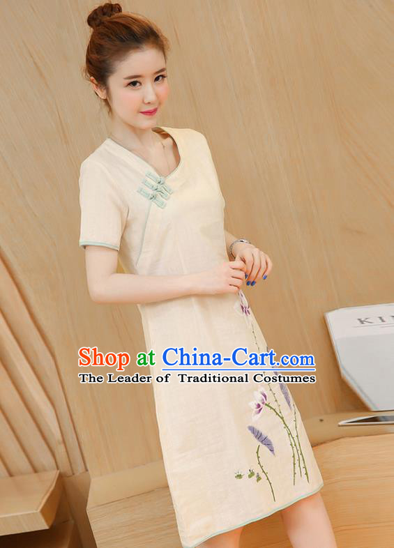 Traditional Ancient Chinese National Costume, Elegant Hanfu Mandarin Qipao Linen Hand Painting Beige Dress, China Tang Suit Chirpaur Elegant Dress Clothing for Women