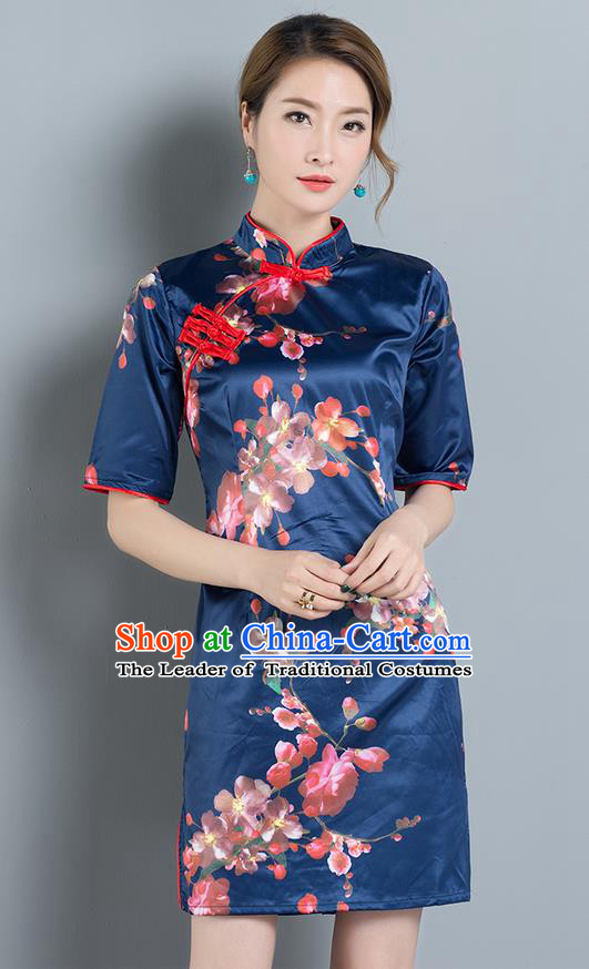 Traditional Ancient Chinese National Costume, Elegant Hanfu Mandarin Qipao Printing Blue Dress, China Tang Suit Chirpaur Republic of China Cheongsam Upper Outer Garment Elegant Dress Clothing for Women