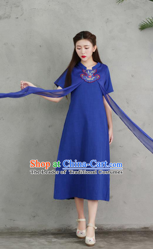 Traditional Ancient Chinese National Costume, Elegant Hanfu Embroidery Blue Stand Collar Dress, China Tang Suit Chirpaur Upper Outer Garment Elegant Dress Clothing for Women