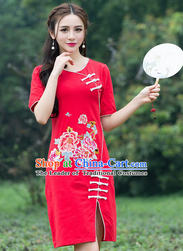 Traditional Ancient Chinese National Costume, Elegant Hanfu Mandarin Qipao Embroidered Red Dress, China Tang Suit Chirpaur Republic of China Cheongsam Elegant Dress Clothing for Women