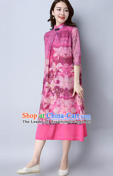 Traditional Ancient Chinese National Costume, Elegant Hanfu Mandarin Qipao Printing Silk Pink Dress, China Tang Suit Chirpaur Republic of China Cheongsam Elegant Dress Clothing for Women