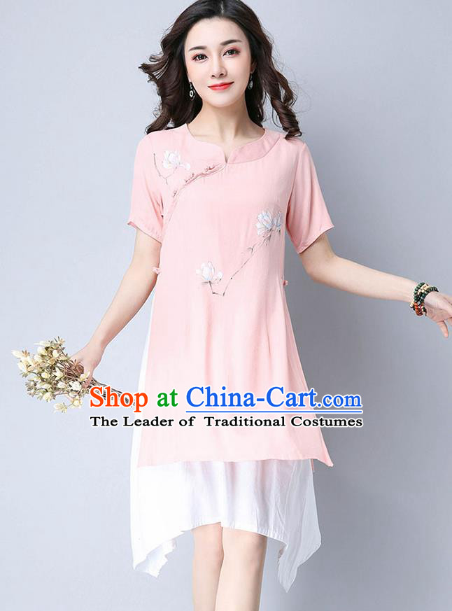 Traditional Ancient Chinese National Costume, Elegant Hanfu Mandarin Qipao Hand Painting Pink Dress, China Tang Suit Chirpaur Elegant Dress Clothing for Women