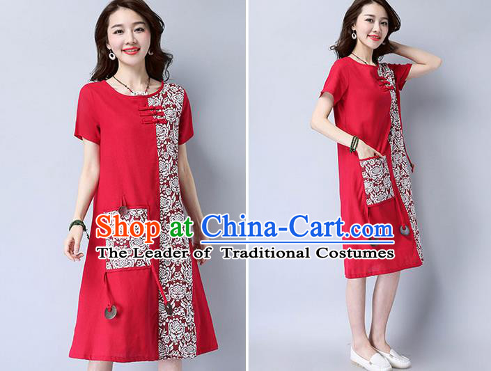 Traditional Ancient Chinese National Costume, Elegant Hanfu Mandarin Qipao Patch Printing Red Dress, China Tang Suit Plated Buttons Chirpaur Elegant Dress Clothing for Women