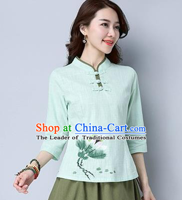 Traditional Chinese National Costume, Elegant Hanfu Hand Painting Flowers Blue T-Shirt, China Tang Suit Republic of China Plated Buttons Chirpaur Blouse Cheong-sam Upper Outer Garment Qipao Shirts Clothing for Women