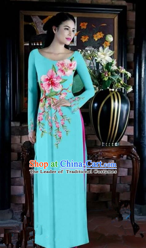 Top Grade Asian Vietnamese Traditional Dress, Vietnam Bride Ao Dai Dress, Princess Wedding Blue Dress Cheongsam Clothing for Women