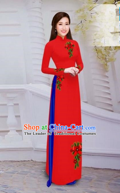 Top Grade Asian Vietnamese Traditional Dress, Vietnam Bride Ao Dai Hand Printing Flowers Dress, Vietnam Princess Red Dress Cheongsam Clothing for Women