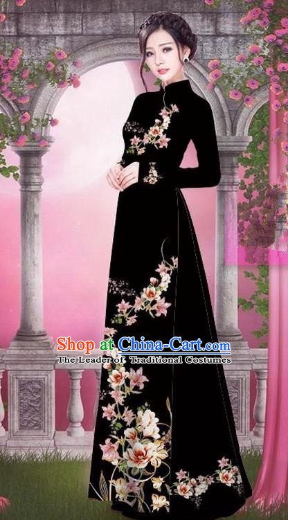 Top Grade Asian Vietnamese Traditional Dress, Vietnam Bride Ao Dai Printing Peach Blossom Flowers Dress, Vietnam Princess Black Dress Cheongsam Clothing for Women