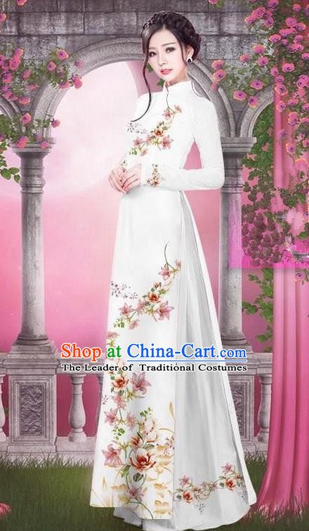 Top Grade Asian Vietnamese Traditional Dress, Vietnam Bride Ao Dai Printing Peach Blossom Flowers Dress, Vietnam Princess White Dress Cheongsam Clothing for Women