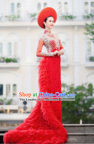 Top Grade Asian Vietnamese Traditional Dress, Vietnam Bride Ao Dai Dress, Vietnam Princess Wedding Veil Dress Red Cheongsam Clothing for Women