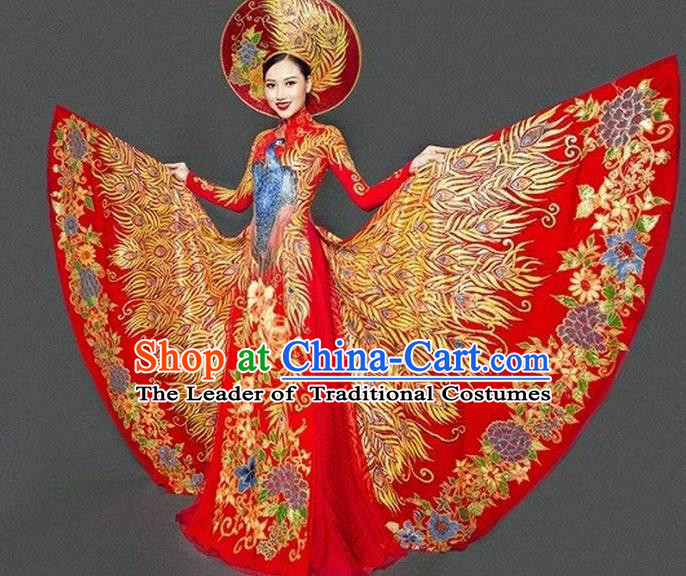 Top Grade Asian Vietnamese Traditional Dress, Vietnam Bride Ao Dai Dress, Vietnam Princess Wedding Hand Painting Phoenix Dress Cheongsam Clothing for Women