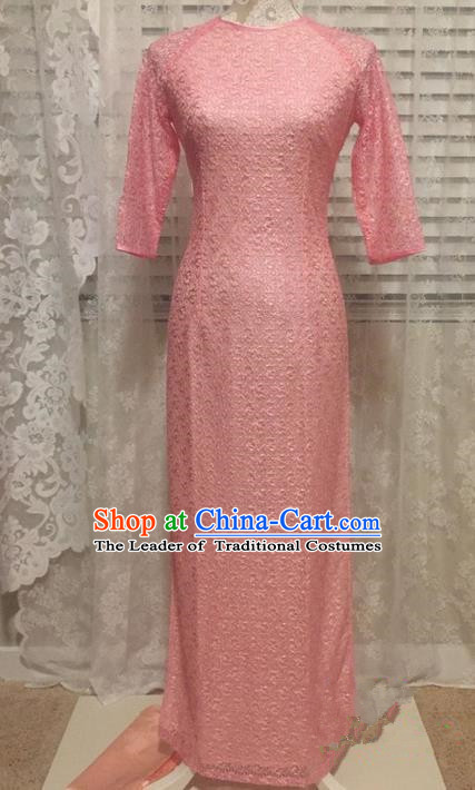 Top Grade Asian Vietnamese Traditional Dress, Vietnam National Young Lady Ao Dai Dress, Vietnam Lady Pink Lace Cheongsam for Women
