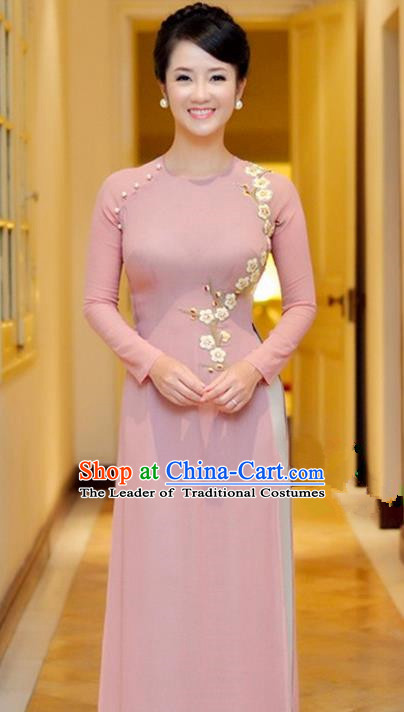 Top Grade Asian Vietnamese Traditional Dress, Vietnam National Princess Young Lady Ao Dai Dress, Vietnam Lady Pink Embroider Plum blossom Cheongsam and Pants Complete Set for Women