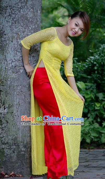 Top Grade Asian Vietnamese Traditional Dress, Vietnam National Young Lady Ao Dai Dress, Vietnam Princess Yellow Lace Cheongsam Dress and Pants for Women