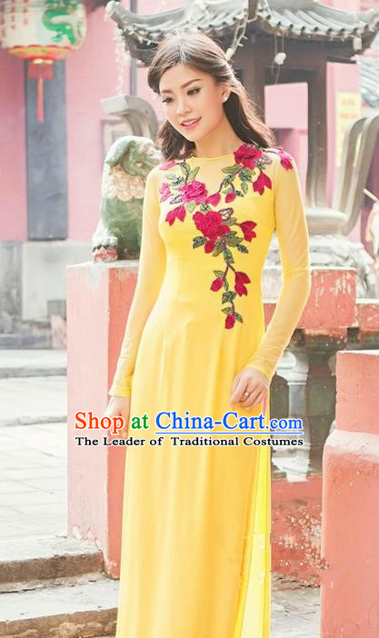 Top Grade Asian Vietnamese Traditional Dress, Vietnam National Princess Ao Dai Dress, Vietnam Yellow Embroidered Ao Dai Cheongsam Dress and Pants Complete Set for Woman