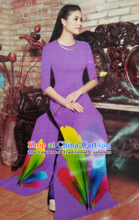 Top Grade Asian Vietnamese Traditional Dress, Vietnam National Queen Ao Dai Dress, Vietnam Palace Princess Purple Printing Ao Dai Cheongsam Dress Clothing for Woman