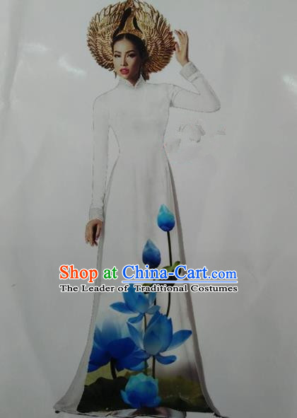 Top Grade Asian Vietnamese Traditional Dress, Vietnam National Queen Ao Dai Dress, Vietnam Palace Princess White Printing Lotus Ao Dai Cheongsam Dress Clothing for Woman