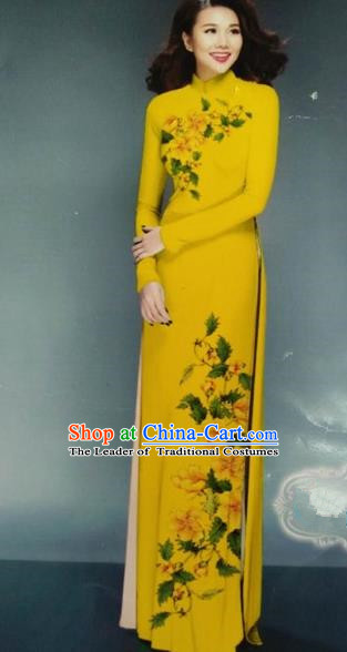 Traditional Top Grade Asian Vietnamese Dress, Vietnam National Female Ao Dai Dress Women Printing Yellow Chiffon Cheongsam Clothing