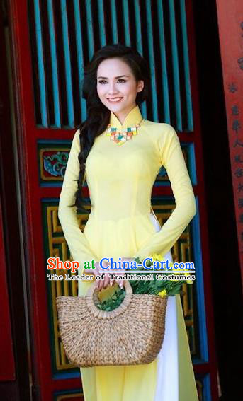 Traditional Top Grade Asian Vietnamese Dress, Vietnam National Female Ao Dai Dress Women Yellow Embroidered Suit Cheongsam Clothing