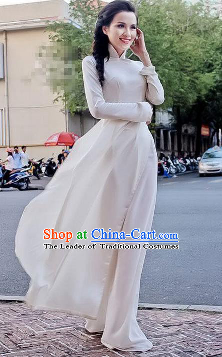 Traditional Top Grade Asian Vietnamese Dress, Vietnam National Female Handmade Ao Dai Dress Women White Full Dress Ao Dai Cheongsam Clothing