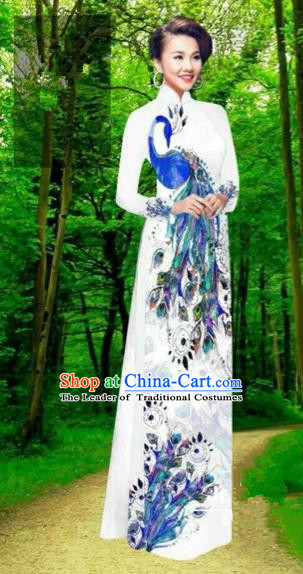 Traditional Top Grade Asian Vietnamese Costumes Dance Dress, Vietnam National Female Handmade White Printing Peacock Ao Dai Dress Cheongsam Clothing for Women