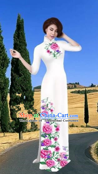 Traditional Top Grade Asian Vietnamese Costumes Dance Dress, Vietnam National Female Handmade Printing Flowers White Ao Dai Dress Cheongsam Clothing for Women