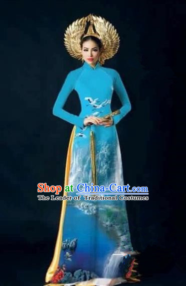 Traditional Top Grade Asian Vietnamese Costumes Dance Dress, Vietnam National Female Handmade Printing Flowers Blue Ao Dai Dress Cheongsam Clothing for Women