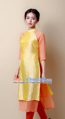 Traditional Top Grade Asian Vietnamese Costumes Dance Dress, Vietnam National Women Ao Dai Dress Golden Cheongsam Clothing