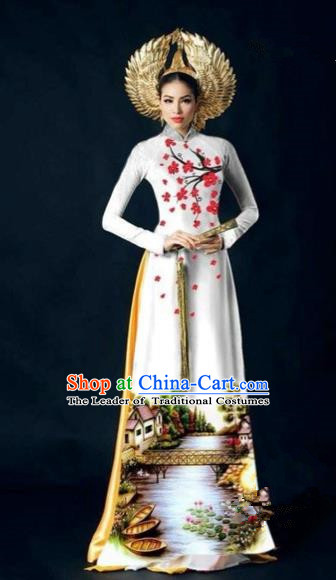 Traditional Top Grade Asian Vietnamese Costumes Dance Dress, Vietnam National Women Ao Dai Dress Printing Plum Blossom White Cheongsam Clothing