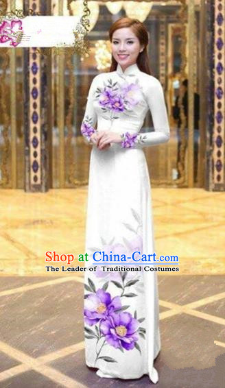 Traditional Top Grade Asian Vietnamese Costumes Dance Dress, Vietnam National Female Handmade Printing Purple Flowers Ao Dai Dress Cheongsam Clothing for Women