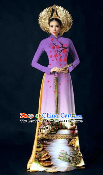 Traditional Top Grade Asian Vietnamese Costumes Dance Dress, Vietnam National Women Ao Dai Dress Printing Plum Blossom Purple Cheongsam Clothing