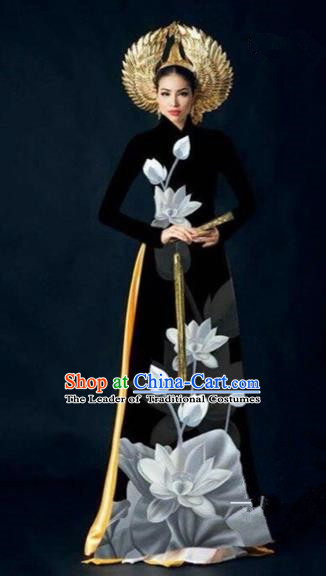 Traditional Top Grade Asian Vietnamese Costumes Dance Dress, Vietnam National Women Ao Dai Dress Ink Painting Lotus Black Cheongsam Clothing