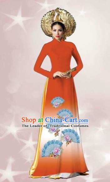 Traditional Top Grade Asian Vietnamese Costumes Dance Dress, Vietnam National Women Ao Dai Dress Printing Orange Cheongsam Clothing