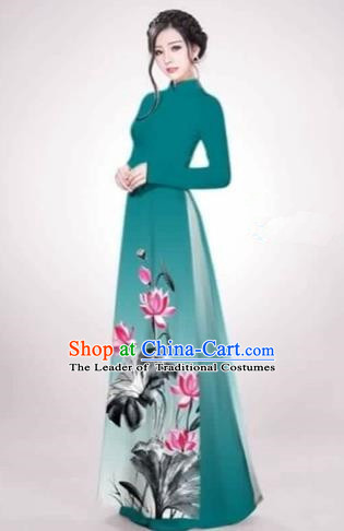 Traditional Top Grade Asian Vietnamese Costumes Dance Dress, Vietnam National Female Handmade Printing Lotus Flowers Green Ao Dai Dress Cheongsam Clothing for Women