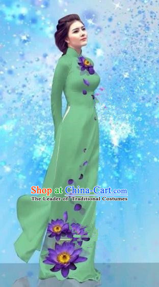 Traditional Top Grade Asian Vietnamese Costumes Dance Dress and Pants, Vietnam National Female Handmade Printing Green Ao Dai Dress Cheongsam Clothing for Women