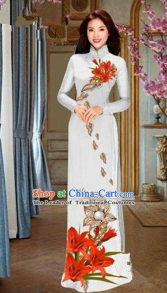 Traditional Top Grade Asian Vietnamese Costumes Dance Dress and Pants, Vietnam National Female Handmade Printing Red Flowers Ao Dai Dress Cheongsam Clothing for Women