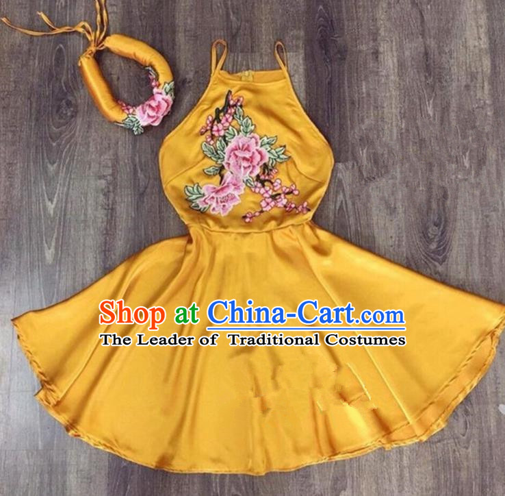 Traditional Top Grade Asian Vietnamese Costumes Dance Dress, Vietnam National Female Handmade Embroidery Flowers Yellow Bellyband Ao Dai Dress Cheongsam Clothing for Women