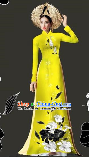 Traditional Top Grade Asian Vietnamese Costumes Dance Dress and Loose Pants, Vietnam National Female Handmade Printing Yellow Ao Dai Dress Cheongsam Clothing for Women