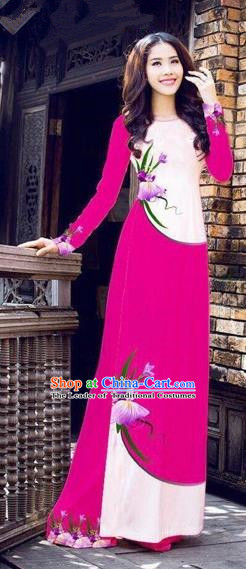 Traditional Top Grade Asian Vietnamese Costumes Handmade Dance Dress, Vietnam National Female Printing Flowers Rose Ao Dai Dress Cheongsam Clothing for Women