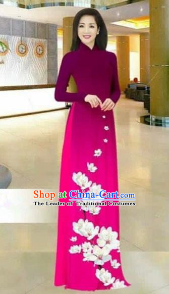 Traditional Top Grade Asian Vietnamese Costumes Dance Dress, Vietnam National Female Printing Flowers Wine Red Ao Dai Dress Stand Collar Cheongsam Clothing for Women