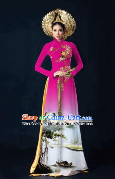 Traditional Top Grade Asian Vietnamese Costumes Dance Dress and Pants, Vietnam National Female Printing Crane Rose Ao Dai Dress Cheongsam Clothing Complete Set for Women