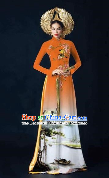 Traditional Top Grade Asian Vietnamese Costumes Dance Dress and Pants, Vietnam National Female Printing Crane Orange Ao Dai Dress Cheongsam Clothing Complete Set for Women
