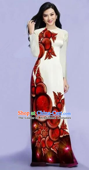 Traditional Top Grade Asian Vietnamese Costumes Dance Dress, Vietnam National Female Red Printing Ao Dai Dress Cheongsam Clothing for Women