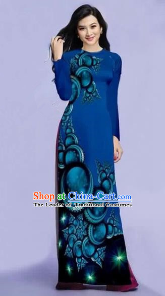 Traditional Top Grade Asian Vietnamese Costumes Dance Dress, Vietnam National Female Printing Peacock Blue Ao Dai Dress Cheongsam Clothing for Women