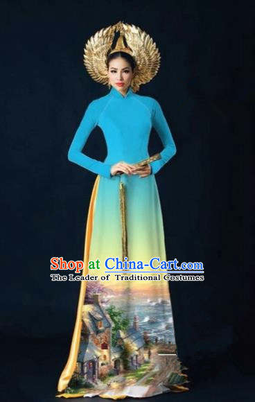 Traditional Top Grade Asian Vietnamese Costumes Dance Dress, Vietnam National Women Ao Dai Dress Printing View Blue Cheongsam Clothing