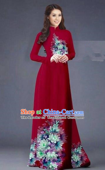 Traditional Top Grade Asian Vietnamese Costumes Dance Dress, Vietnam National Women Ao Dai Dress Printing Flowers Long Red Cheongsam Clothing