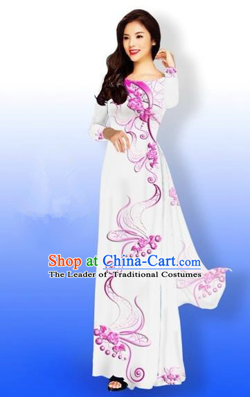 Traditional Top Grade Asian Vietnamese Costumes Dance Dress and Loose Pants, Vietnam National Women Ao Dai Dress Printing Long White Cheongsam Clothing Complete Set