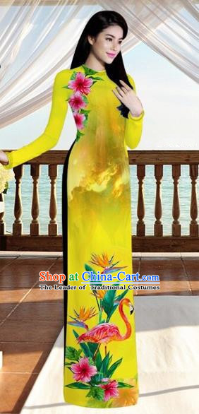 Traditional Top Grade Asian Vietnamese Costumes, Vietnam National Ao Dai Dress Printing Flowers Crane Yellow Qipao for Women